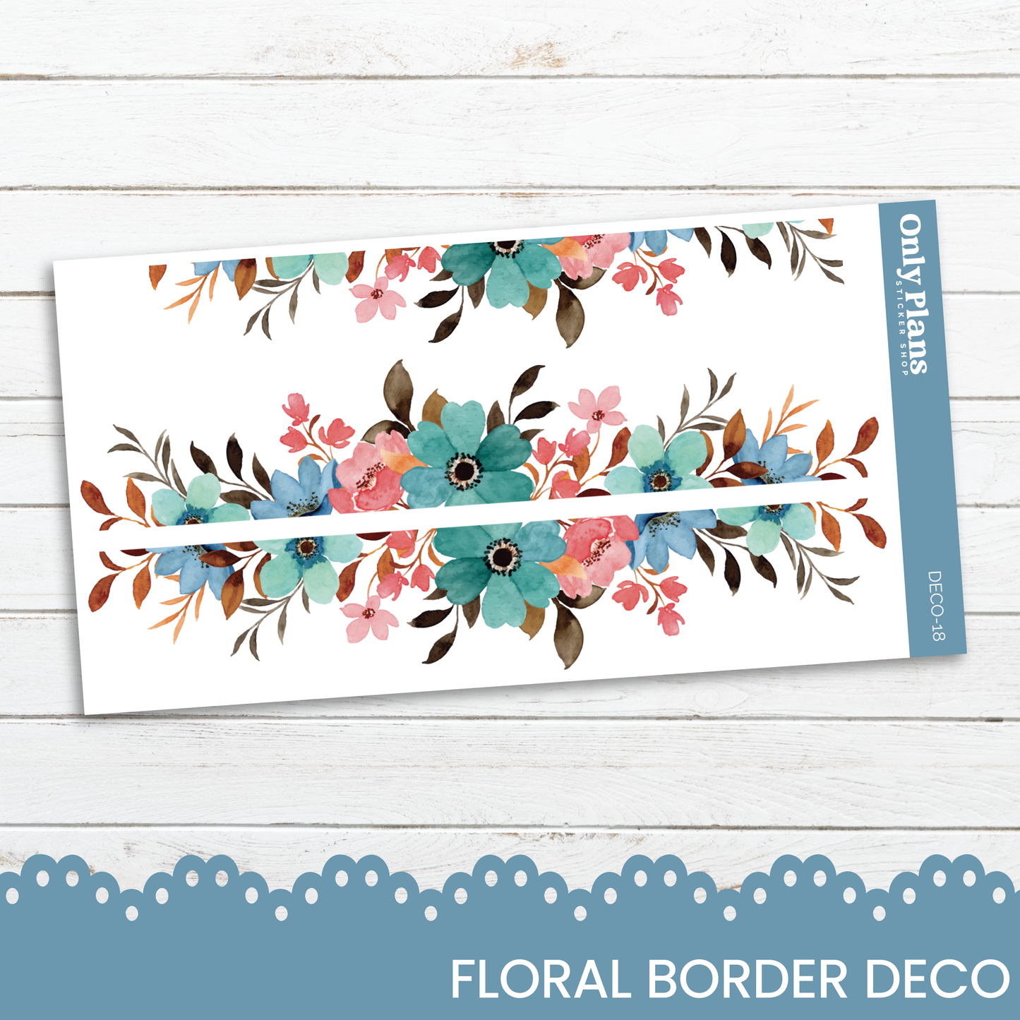 a floral border with blue and pink flowers