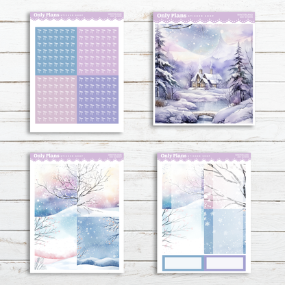 a set of three cards with a winter scene