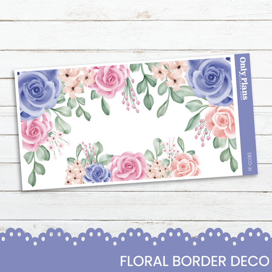 a floral border with blue and pink flowers