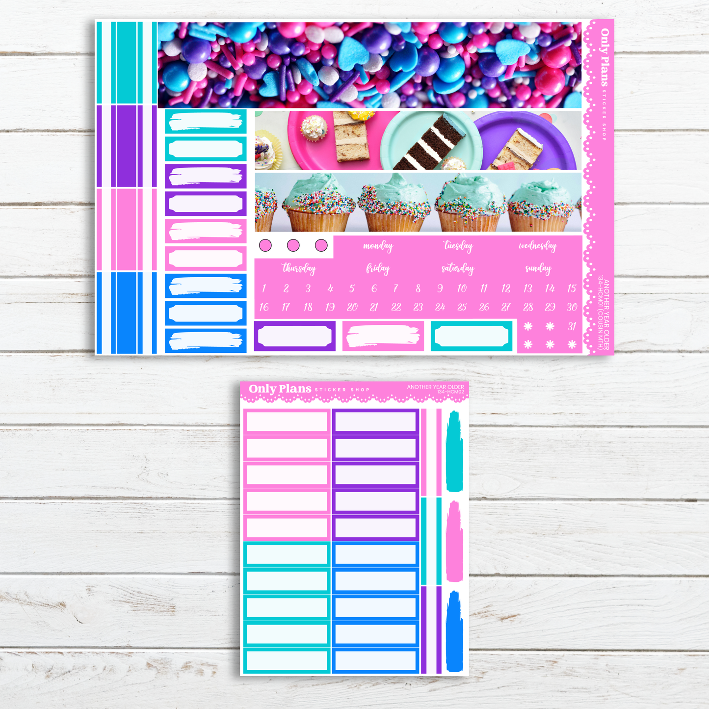 a pink and blue planner sticker with a cupcake