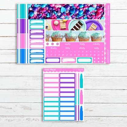 a pink and blue planner sticker with a cupcake