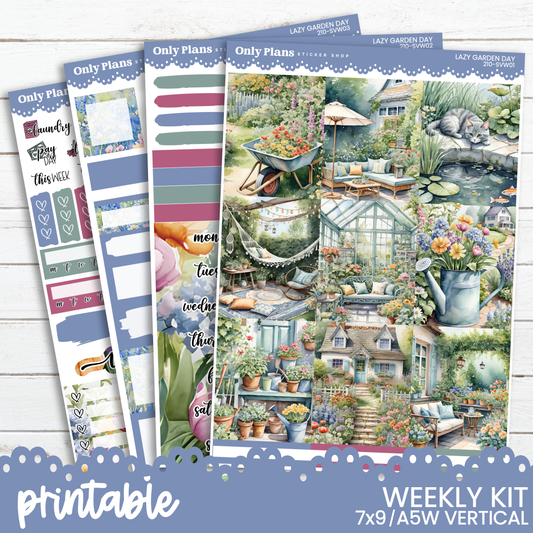 a set of three planner pages with a garden scene