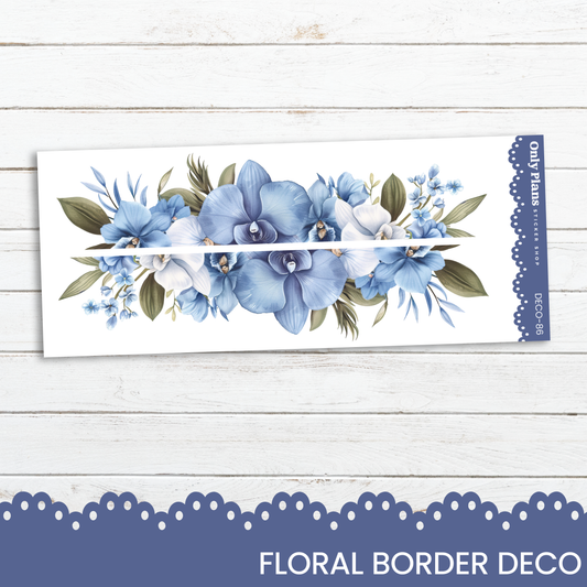 a floral border with blue flowers on a white background