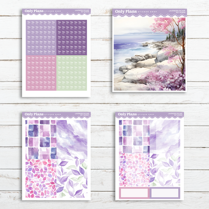 a set of three cards with a picture of a beach and flowers