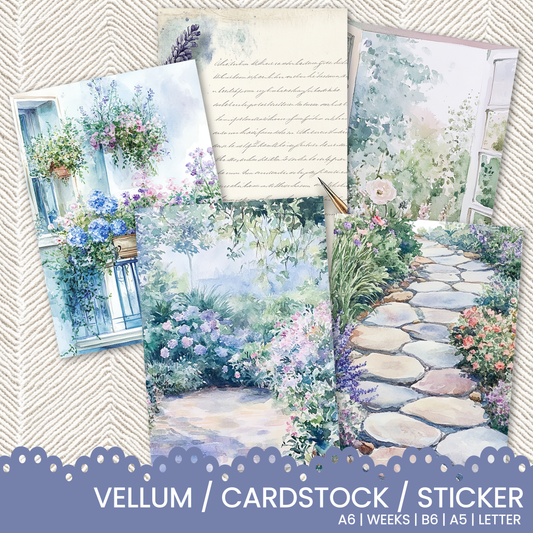 a set of four cardstocks featuring a garden scene