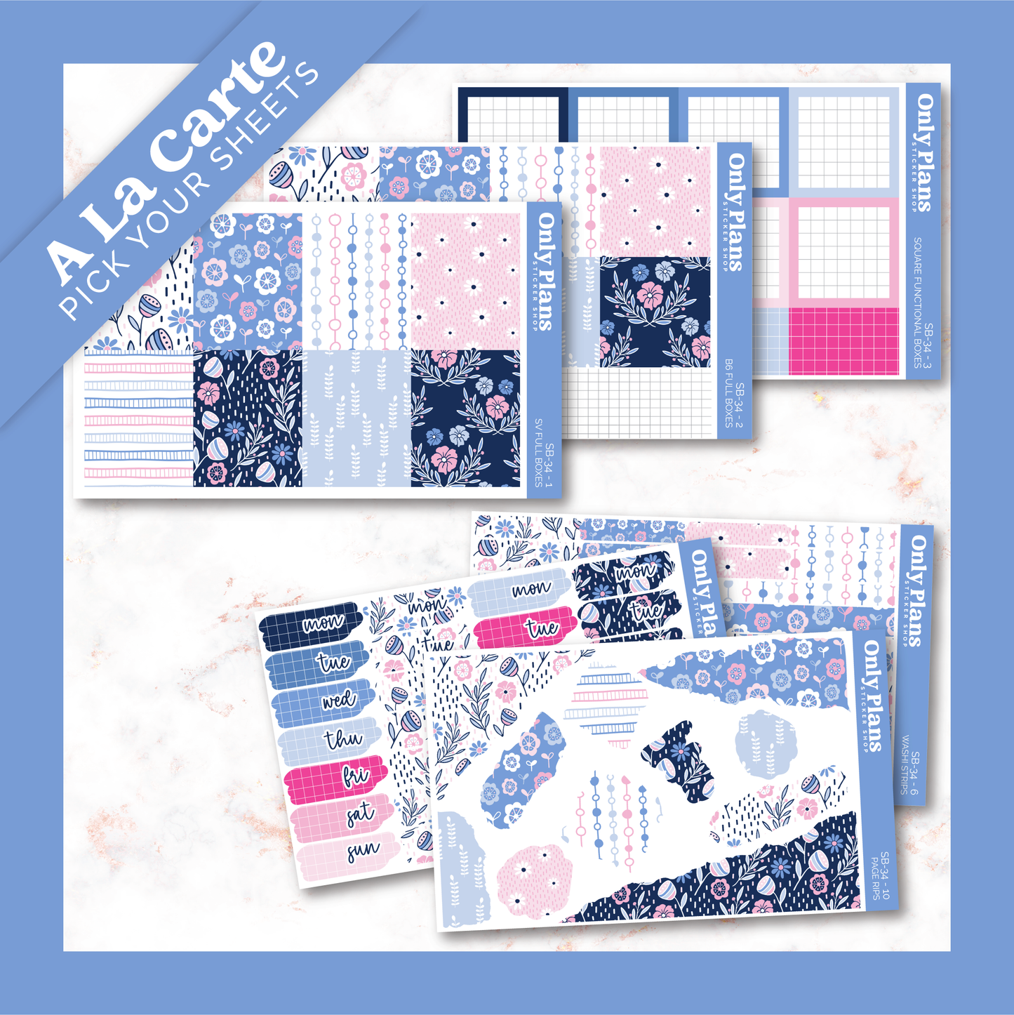 a blue and pink planner sticker sheet with flowers