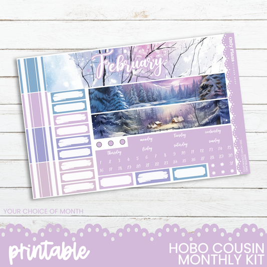 a purple and blue planner with a picture of a forest