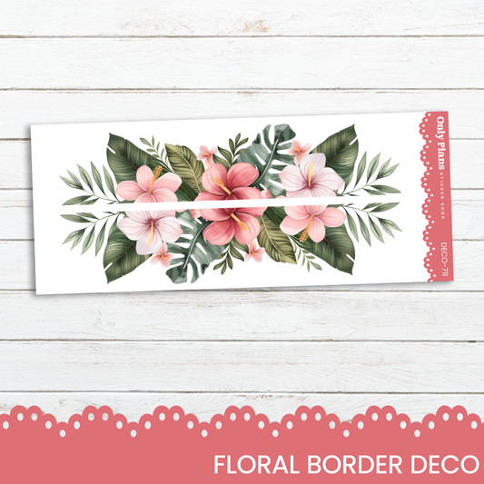 a floral border with pink flowers and green leaves