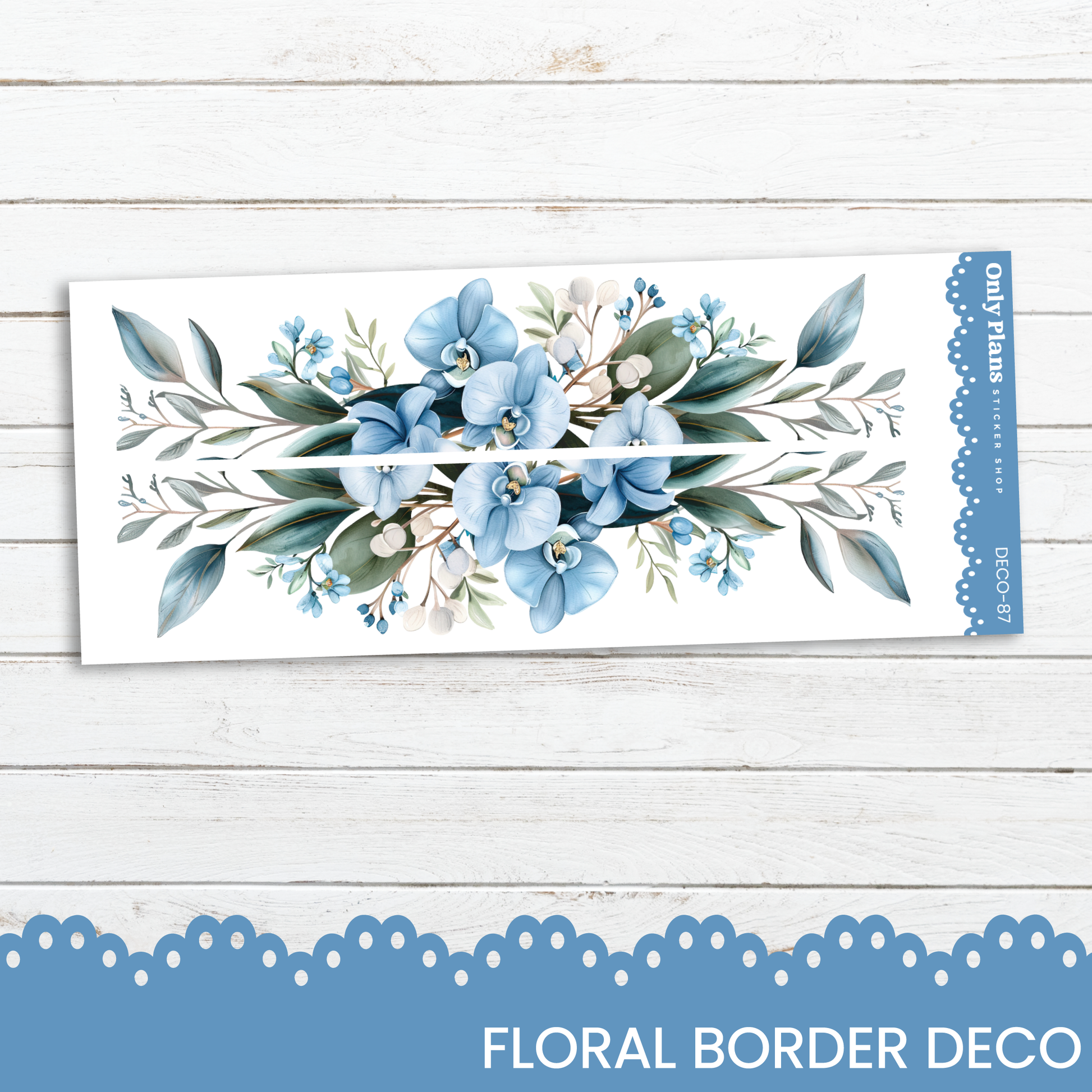 a floral border with blue flowers on a white background