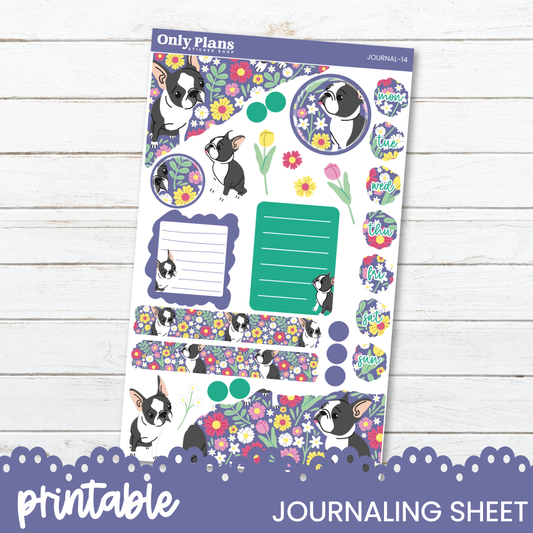 a planner sticker with a dog and flowers on it