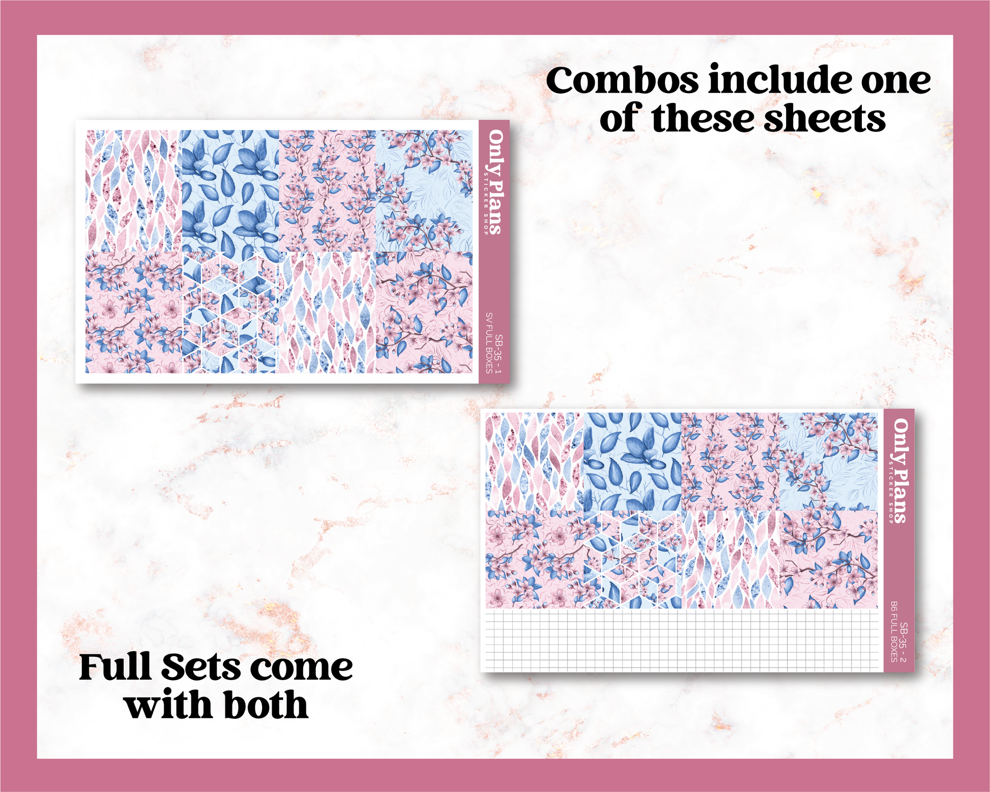 two sheets of paper with blue and pink designs on them