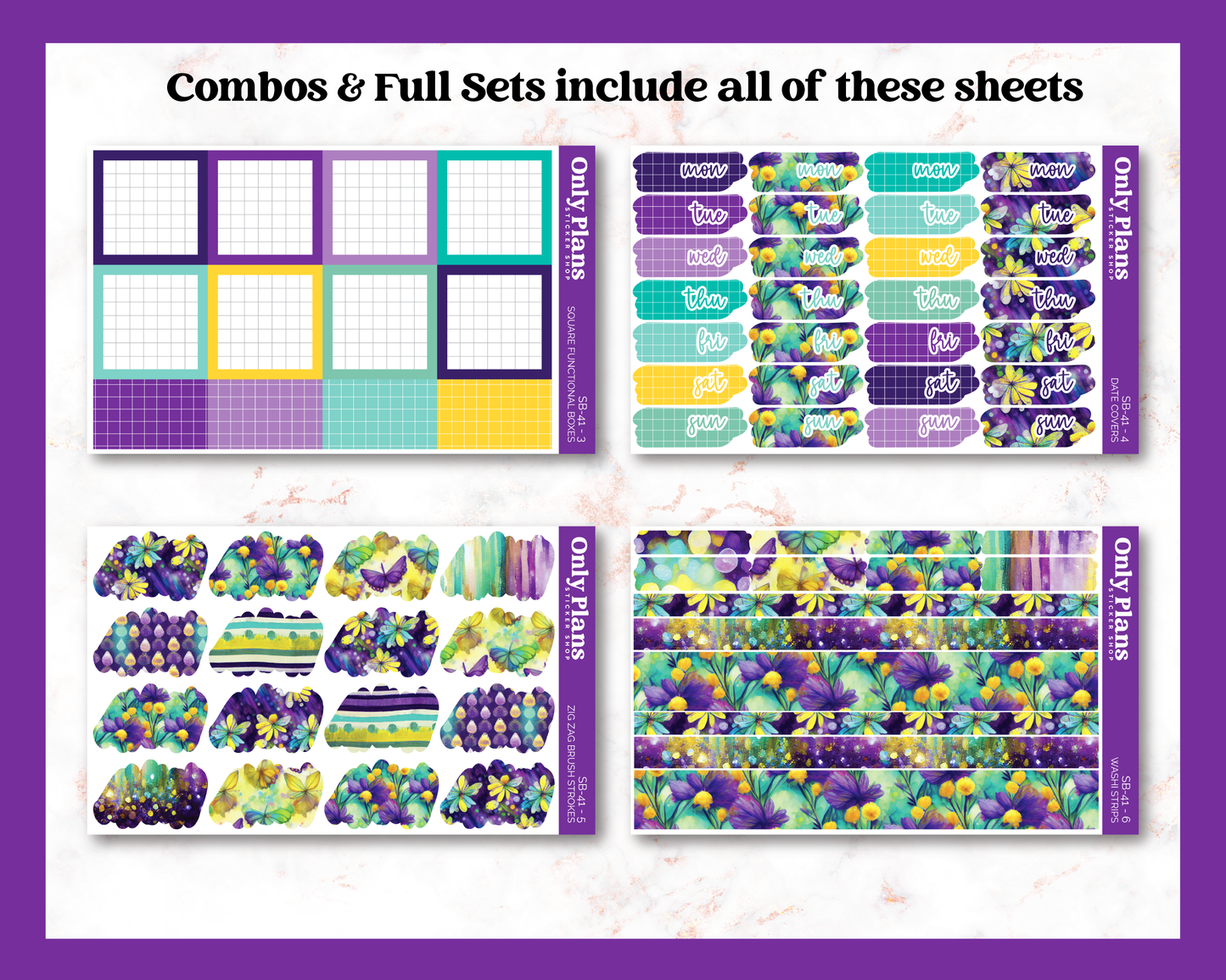 a set of colorful stickers with the text combos and full sets include all