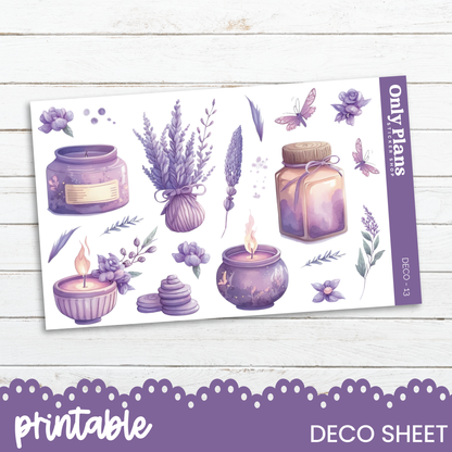 a purple sticker sheet with various items on it