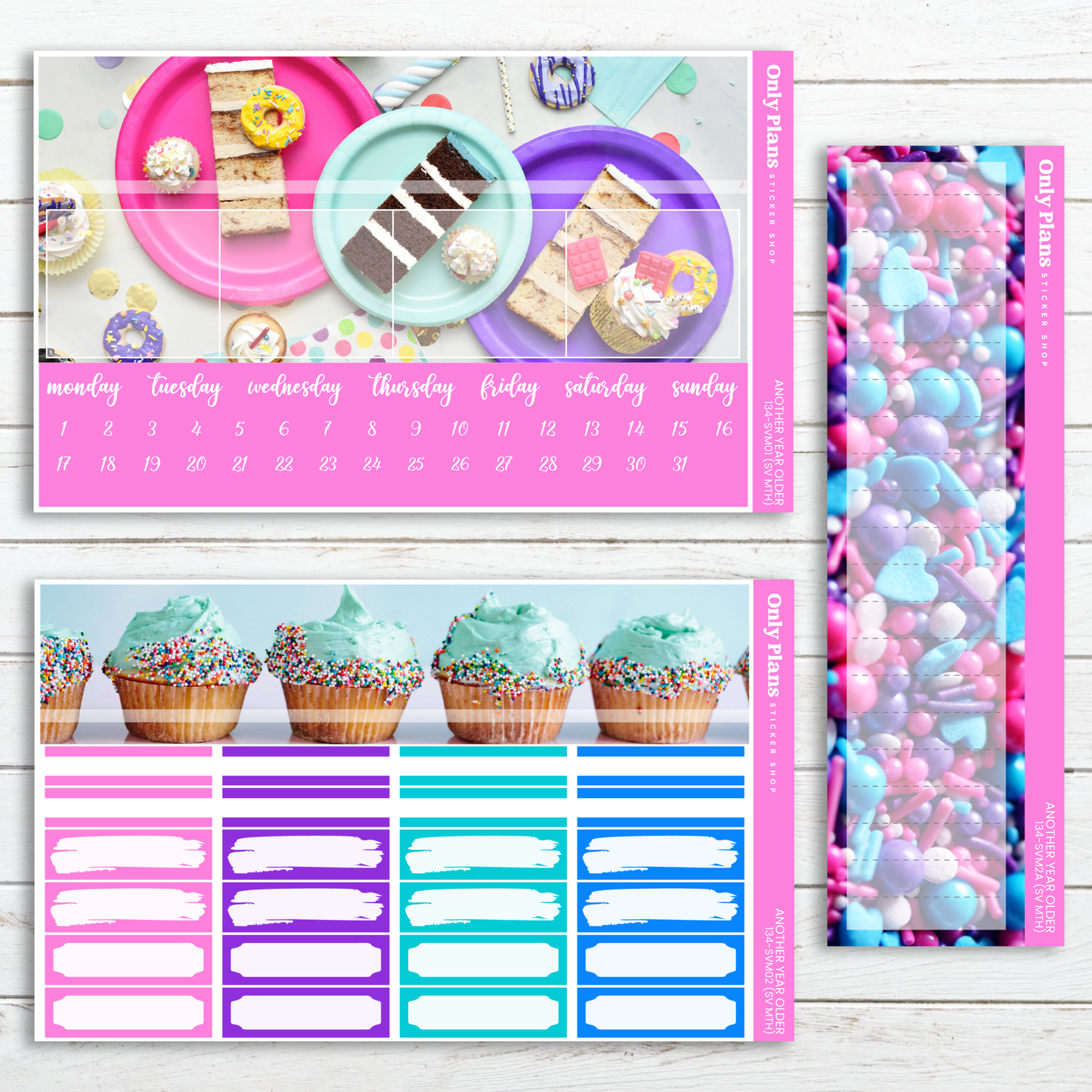 a table topped with lots of cupcakes next to a calendar