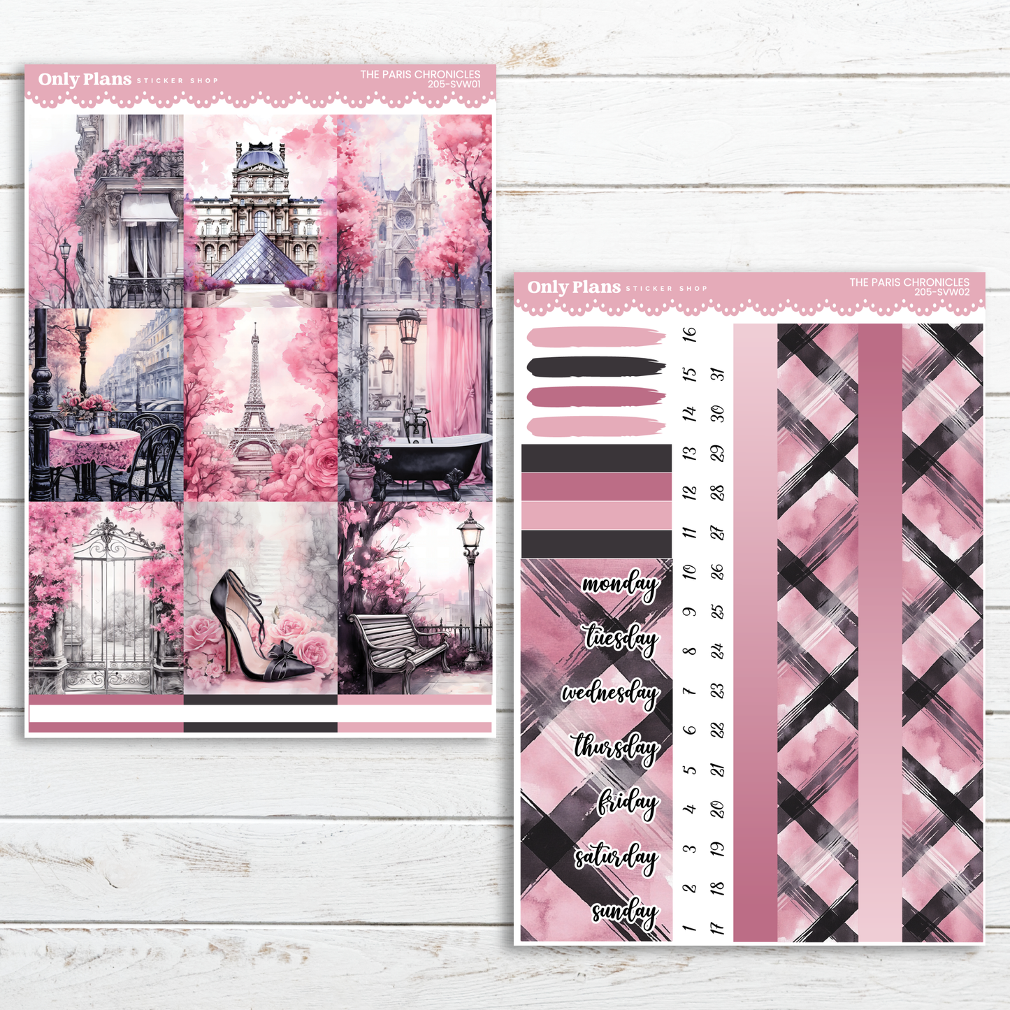 a pink and black planner sticker with a picture of the eiffel tower