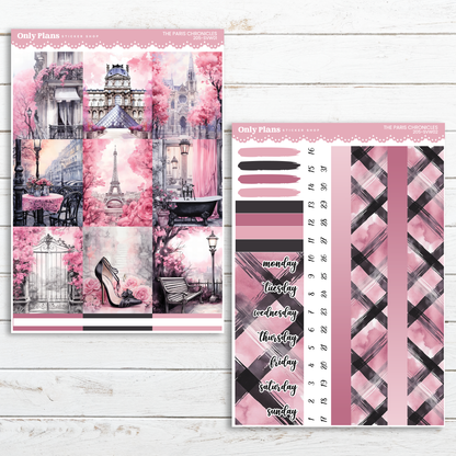 a pink and black planner sticker with a picture of the eiffel tower