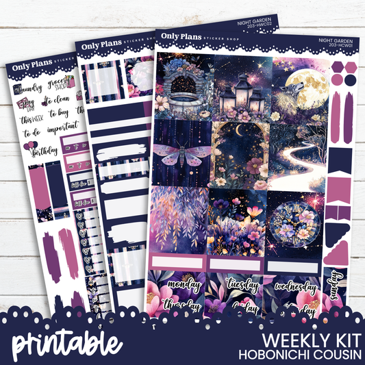 the printable weekly kit includes a purple and blue theme