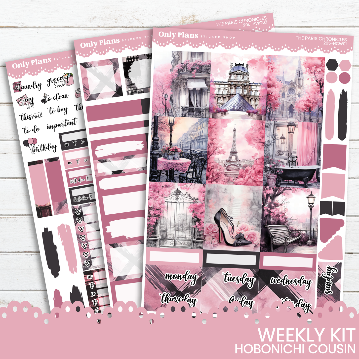 a pink and black planner sticker kit with a picture of the eiffel