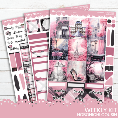 a pink and black planner sticker kit with a picture of the eiffel