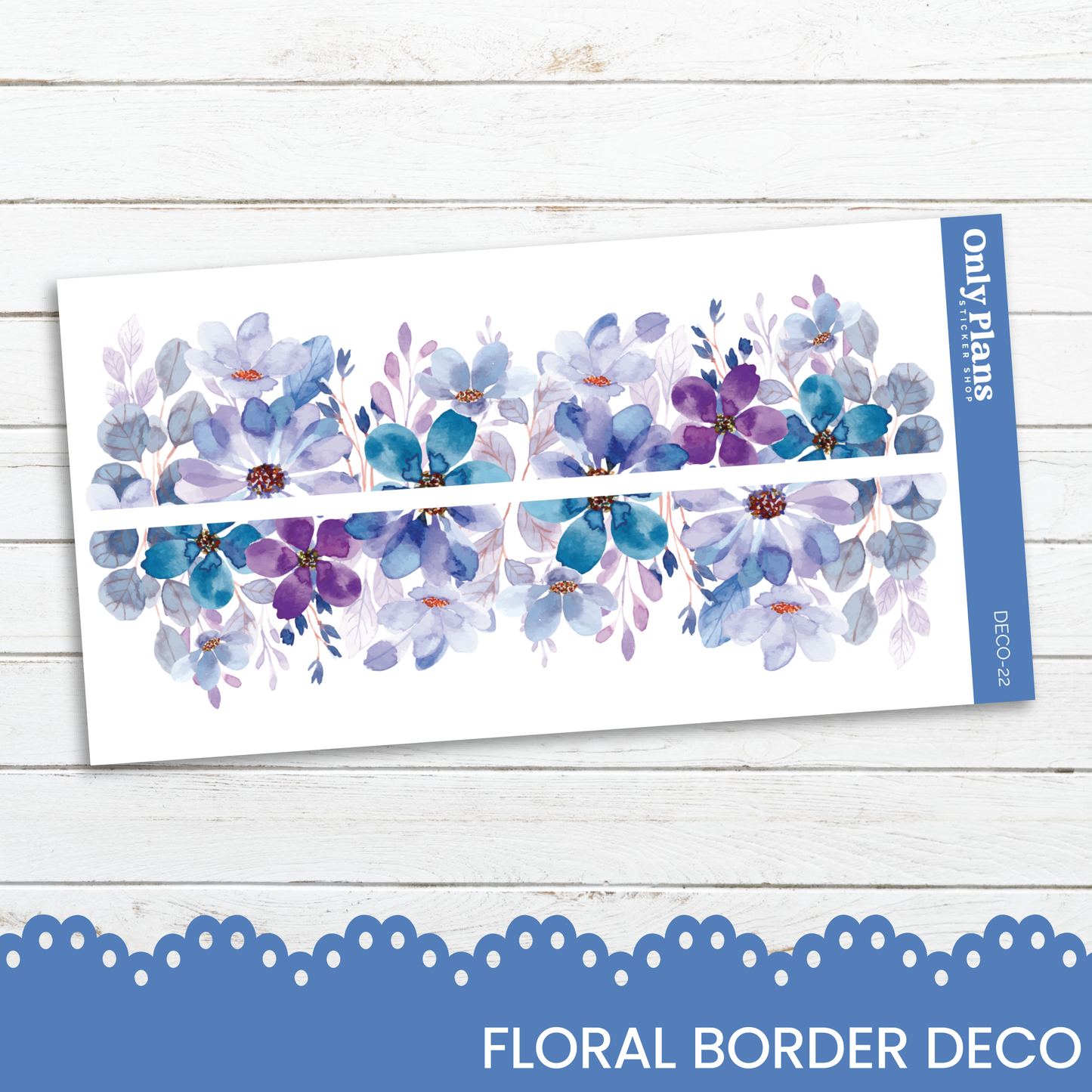 a floral border decorated with blue and purple flowers