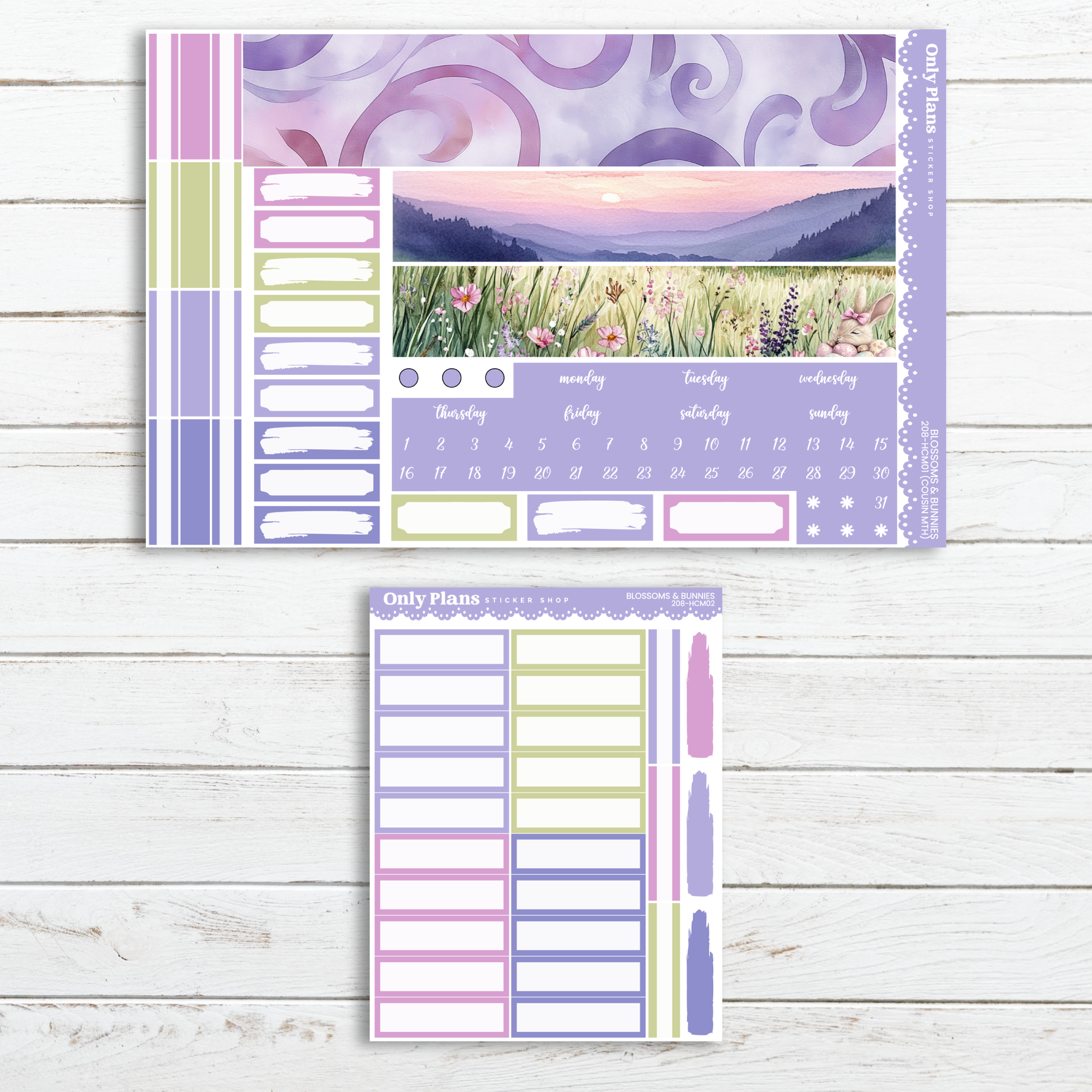 a purple and green planner sticker next to a white wooden background