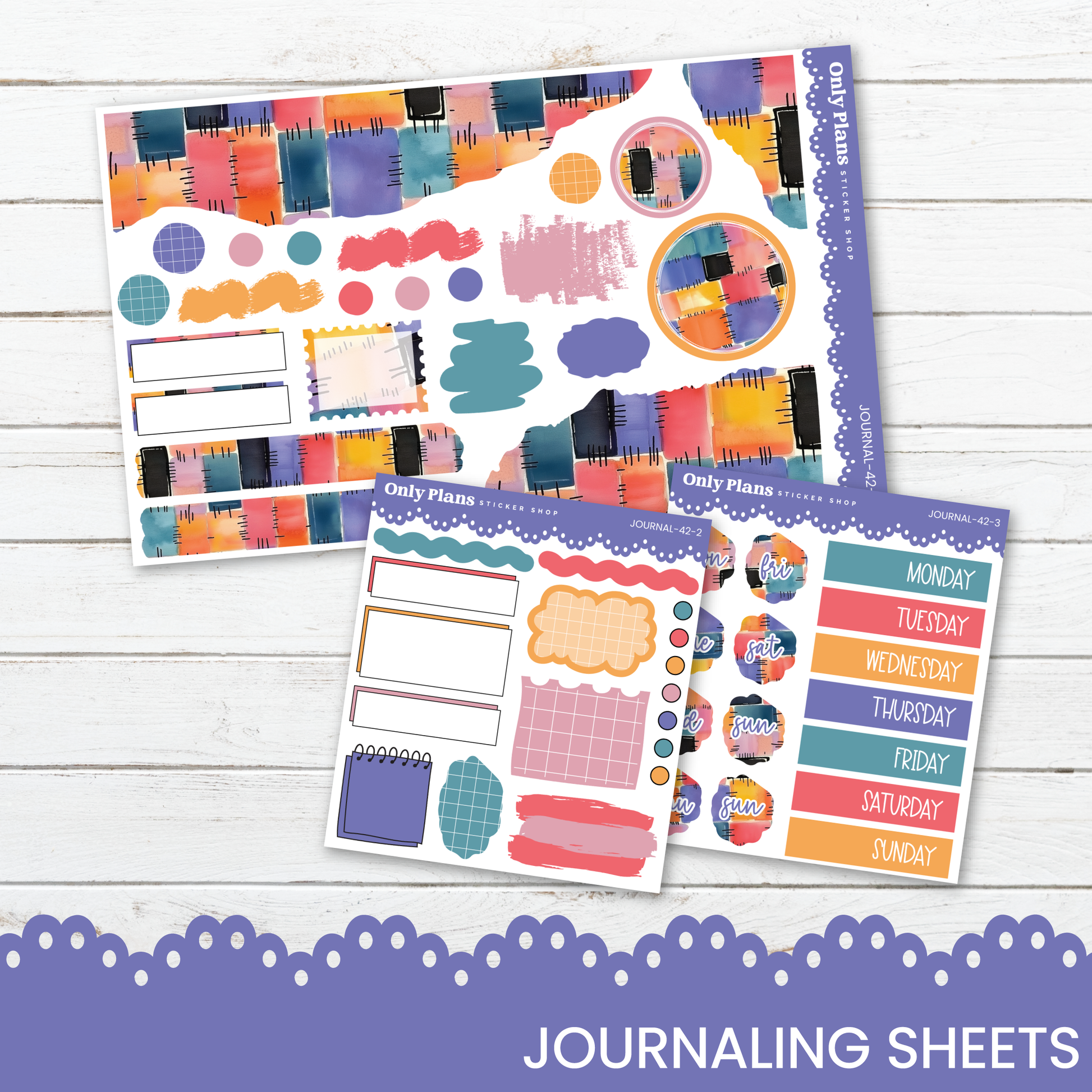 a collection of colorful and patterned journaling sheets, including a large sheet with various shapes and designs and a smaller sheet with a weekly schedule.