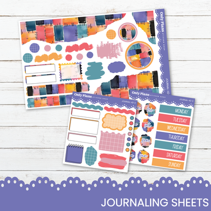 a collection of colorful and patterned journaling sheets, including a large sheet with various shapes and designs and a smaller sheet with a weekly schedule.