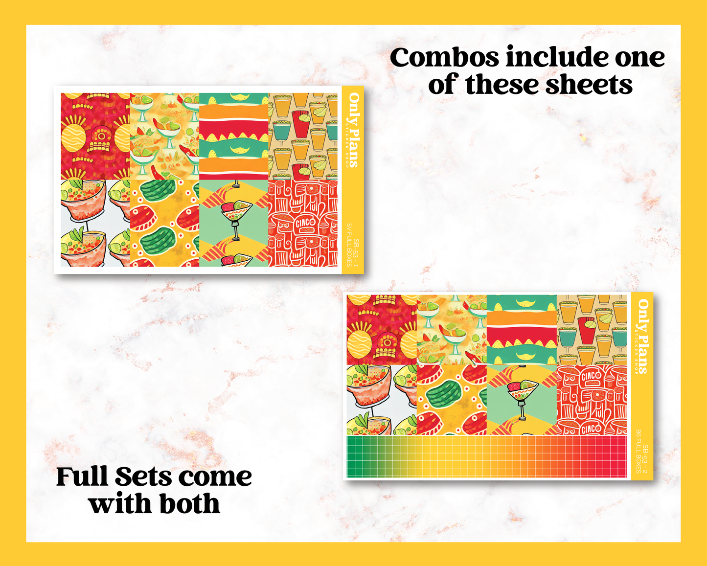 a set of two colorful papers with images of food