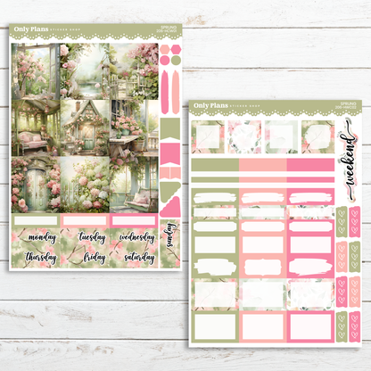 a pink and green floral themed planner sticker sheet