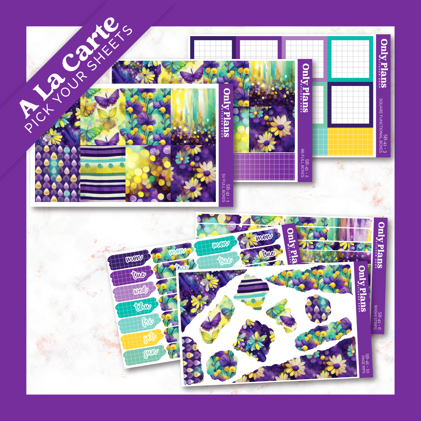 a variety of stickers with a purple background