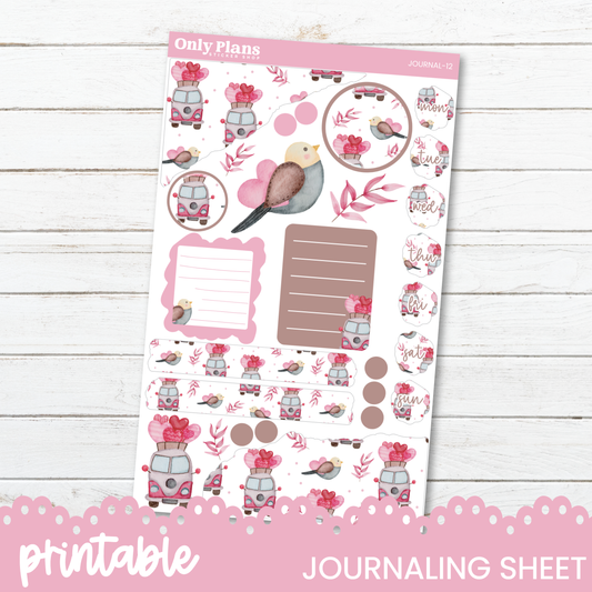 a pink planner sticker with a bird on it