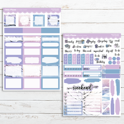 a purple and blue planner sticker next to a purple and white planner sticker