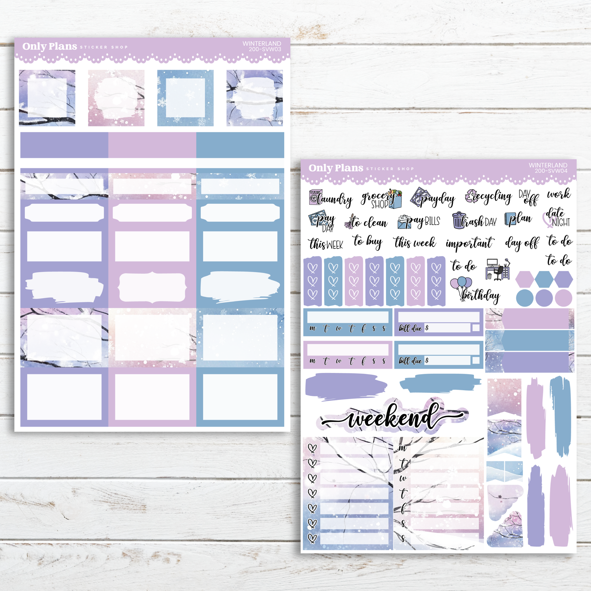 a purple and blue planner sticker next to a purple and white planner sticker