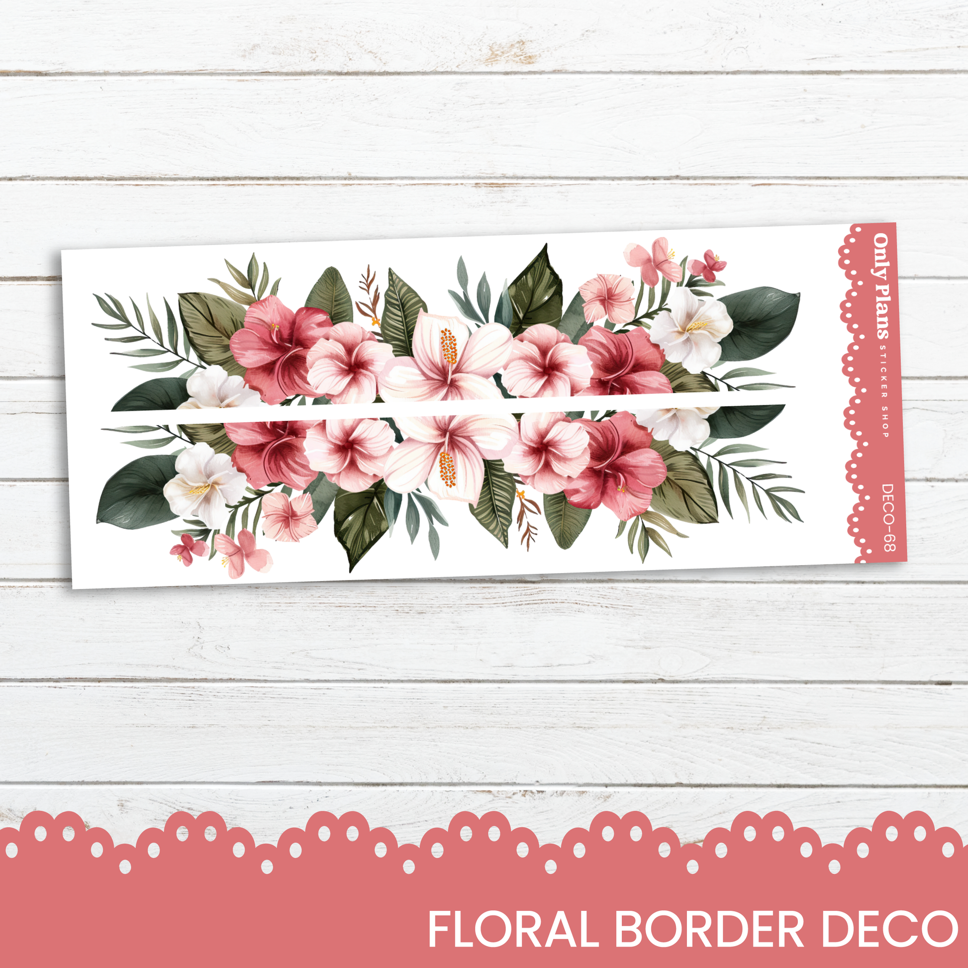 a floral border with pink flowers on a white background