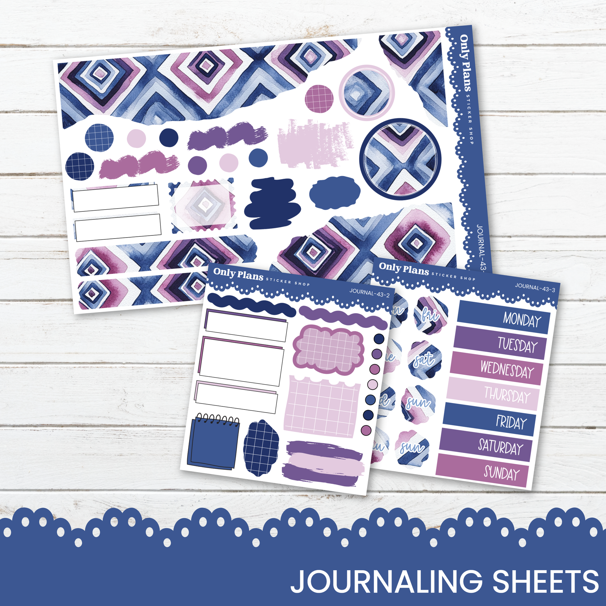 a collection of colorful and patterned journaling sheets, including a large sheet with a geometric pattern and a smaller sheet with a weekly schedule.