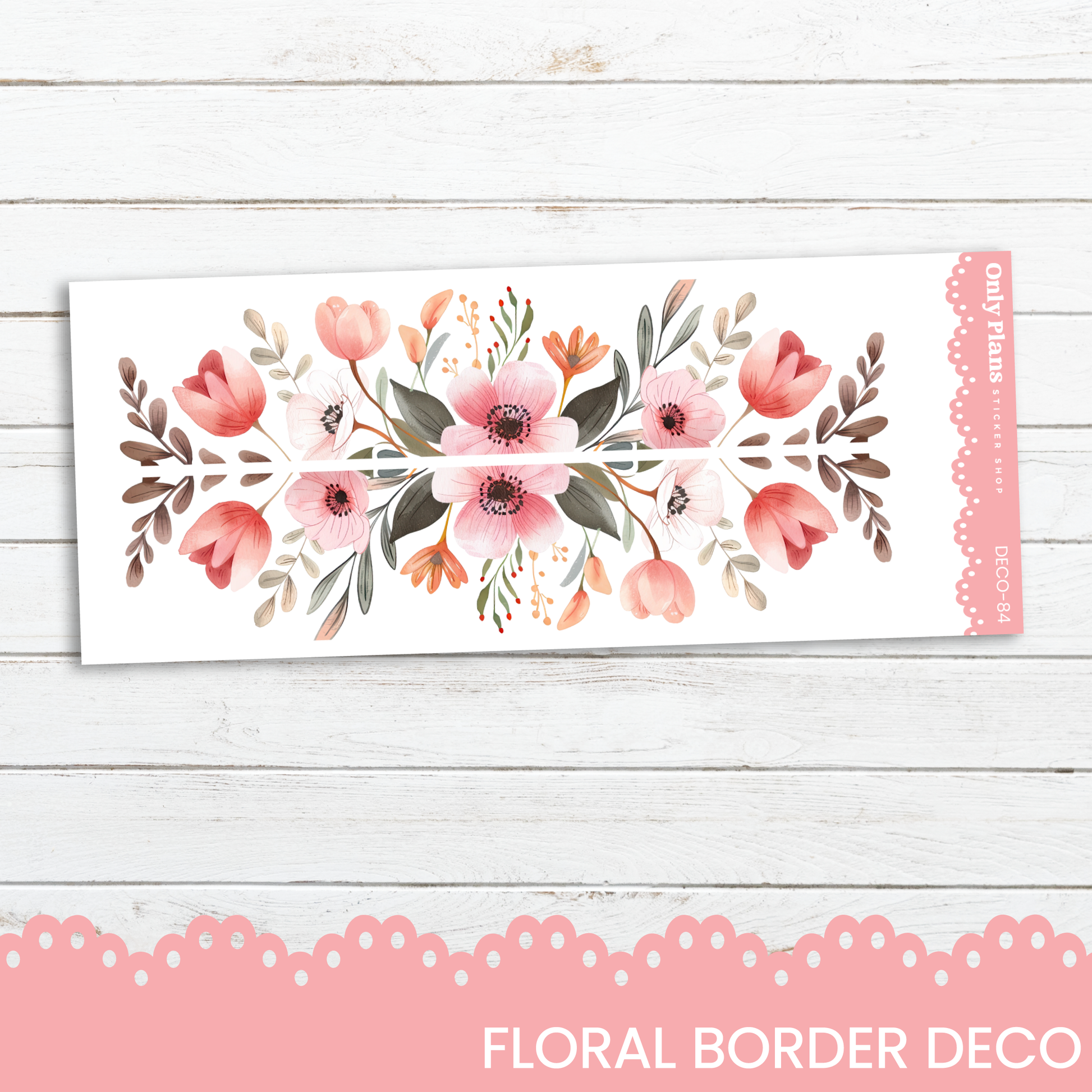 a floral border with pink flowers on a white background