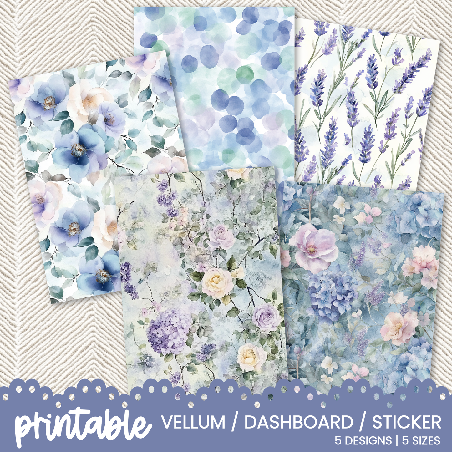 a set of four floral patterns with blue and purple flowers