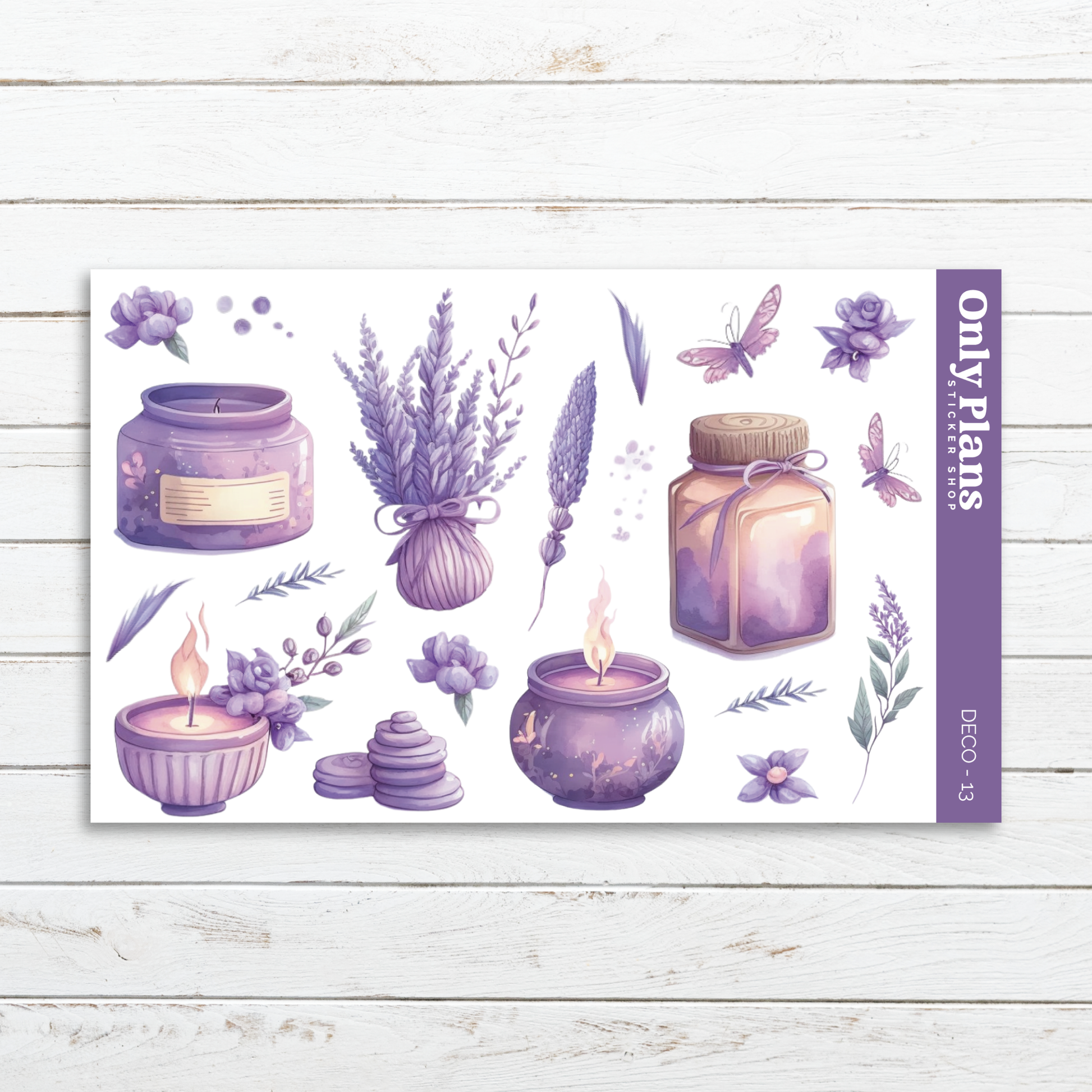 a sticker sheet with lavenders and candles