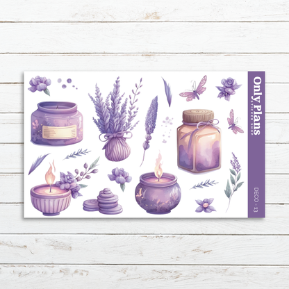 a sticker sheet with lavenders and candles