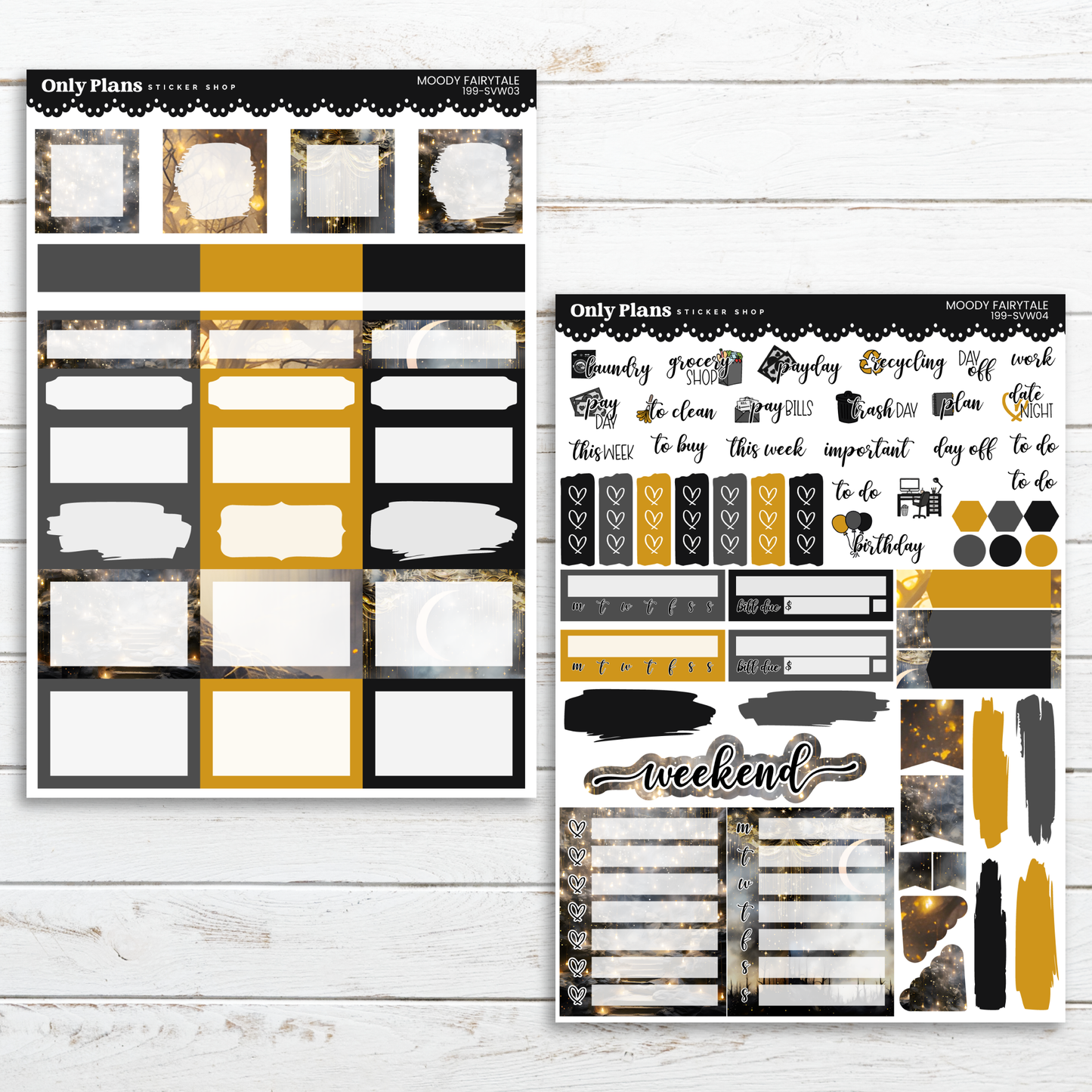 a set of planner stickers with gold and black accents