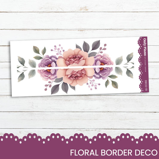 a floral border decoration on a white wooden background