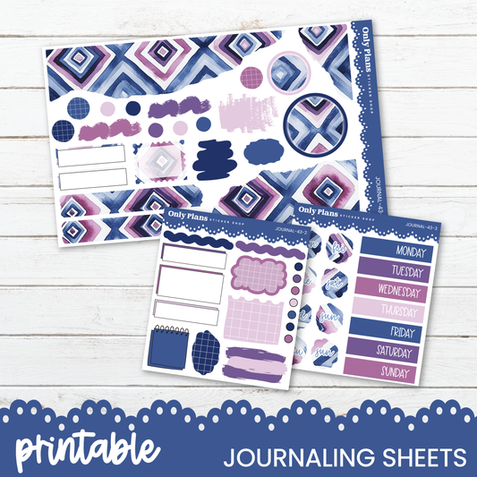 a collection of colorful and patterned journaling sheets, including a large sheet with a geometric design and a smaller sheet with a weekly schedule.