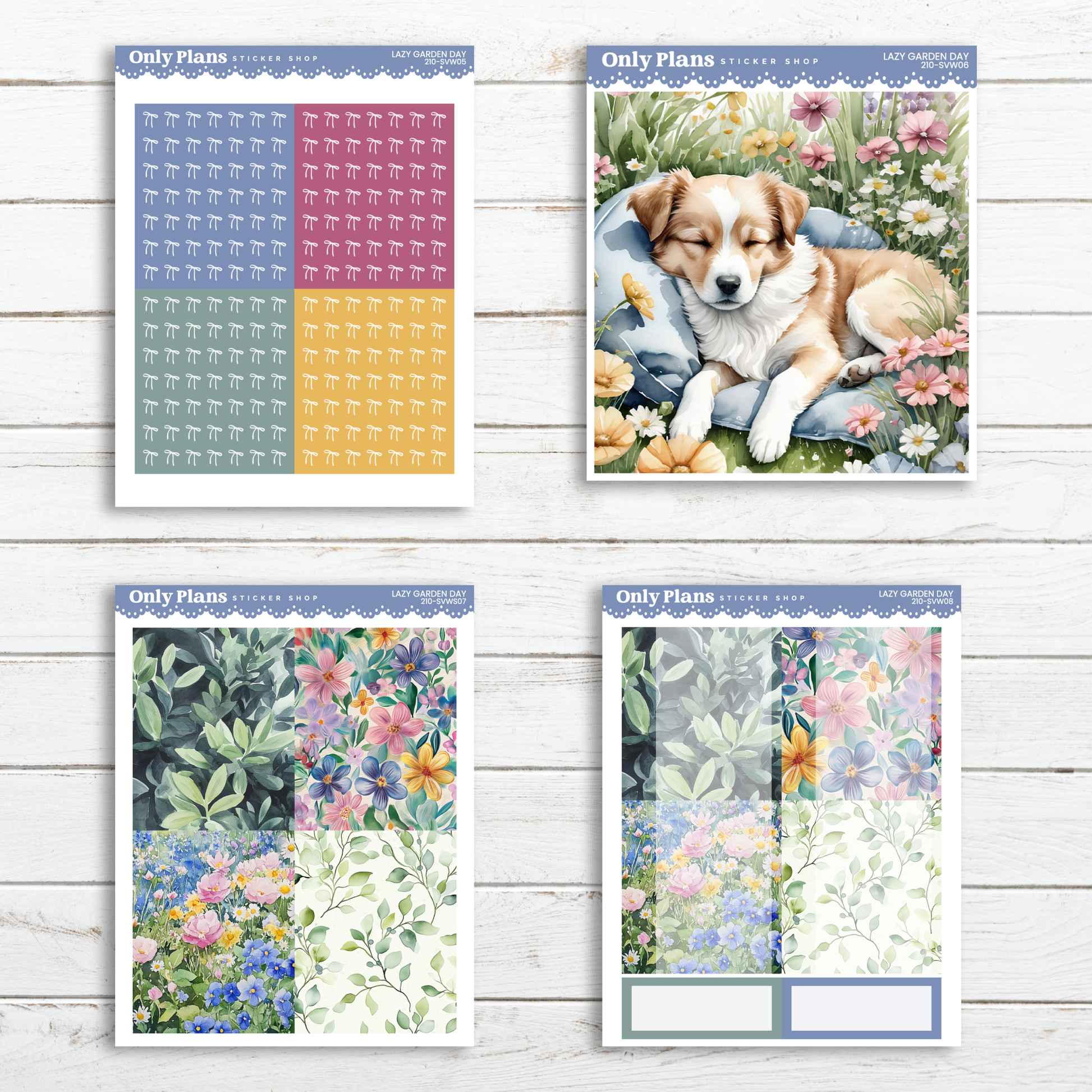 three pictures of a dog laying on a bed of flowers