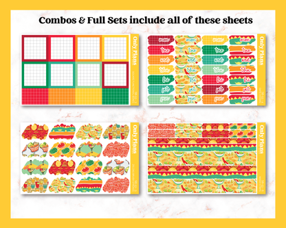 a set of three colorful stickers with the words combos and full sets inside