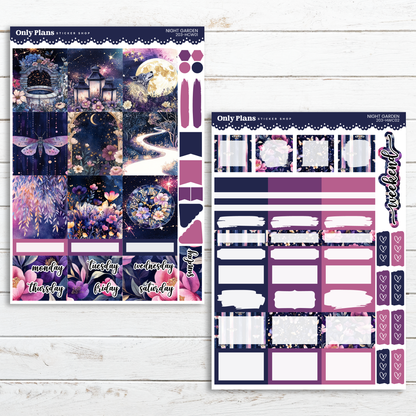 a purple and black planner sticker with a photo of a night scene