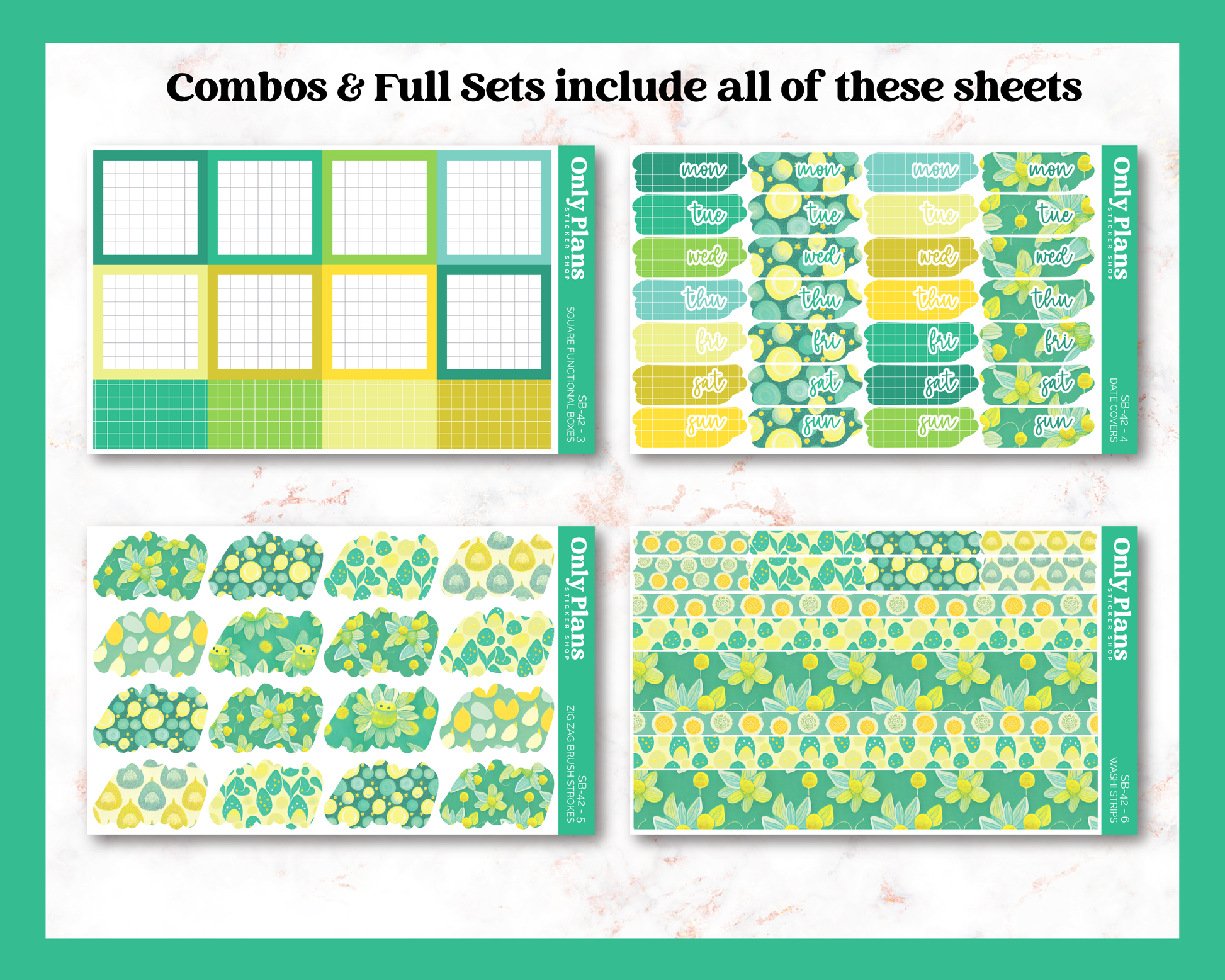 a set of four sheets of green and yellow stickers