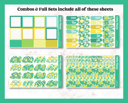 a set of four sheets of green and yellow stickers