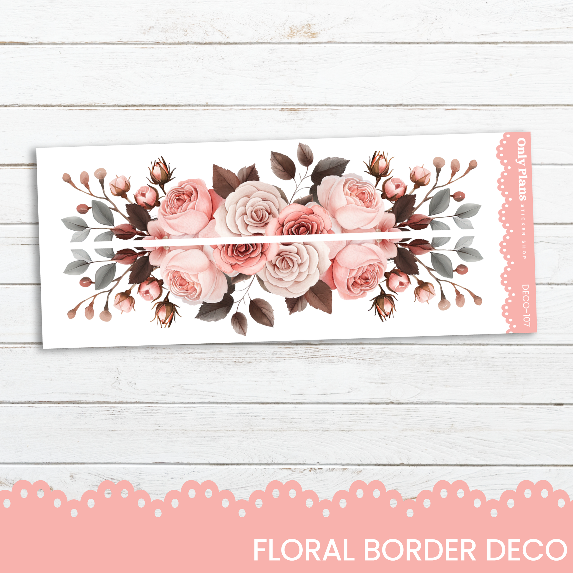 a floral border with pink roses on a white background