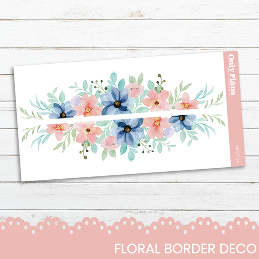 a floral border decorated with blue and pink flowers