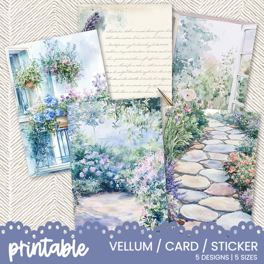 a set of four postcards with a garden scene